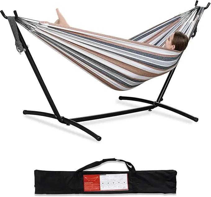 PNAEUT Double Hammocks with Stand for Outside, Portable Space Saving Heavy-Duty Steel Stand for Indoor Outdoor Patio with Carrying Bag, 450 lbs Capacity (Coffee) by GreenHaven Gardens