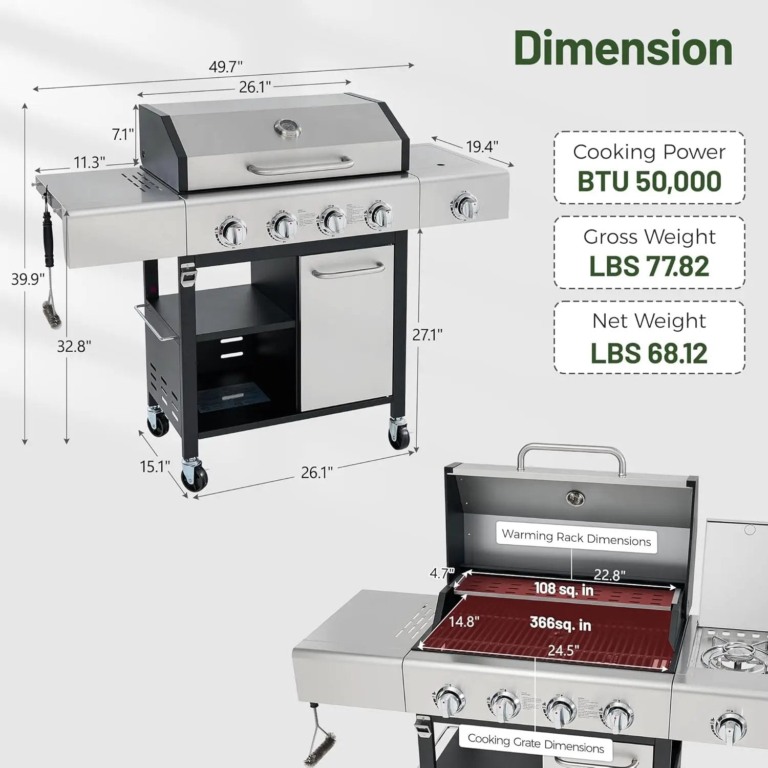 4-Burner Propane Gas Grill with Side Burner & Cabinet, 50,000 BTU Outdoor BBQ Grill with Porcelain-Enameled Cast Iron Grates, Stainless Steel Barbecue Grill for Outdoor Cooking (Silver) by GreenHaven Gardens