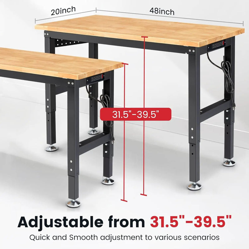 Work Bench for Garage 48 x 20 Inch Adjustable Height Rubberwood Tabletop Work Table with Pegboard, Power Outlets Garage Workbench for Woodworking Shop, Home, Office, Electronic Cutting Wood by GreenHaven Gardens