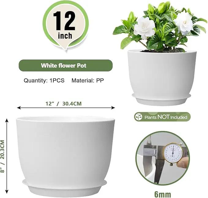 12 inch Large Plant Pots, Plastic Planters with Drainage Holes and Saucers, Flower Pots for Indoor Outdoor Plants, Modern Decorative Pots for Garden House Plants, White by GreenHaven Gardens