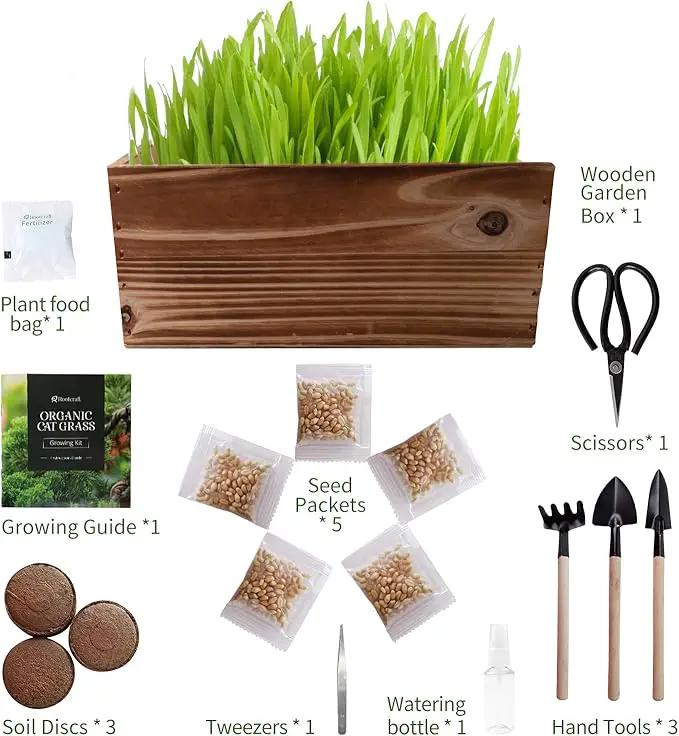 Cat Grass Kit for Indoor Cats - 5X Seed Packets with Handmade Wood Planter | Grow Organic Non-GMO Wheat Grass in 4-7 Days, Aids Digestion & Hairball Control, Ideal Gift for Cat Lovers by GreenHaven Gardens