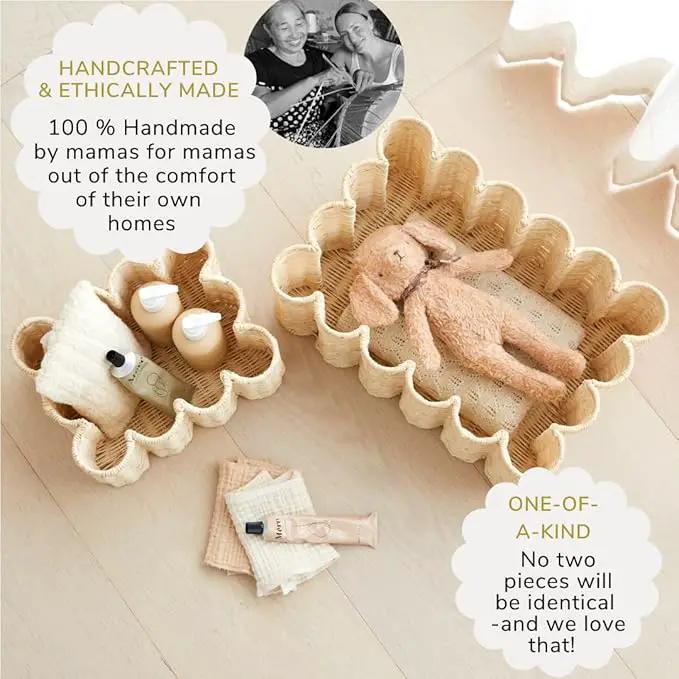 BEBE BASK Unique Wavy Scalloped Basket Set Of 2 - Scallop Basket - 16 x 10 x 7 In - Hand-Woven Elegant Wicker With Scalloped Edge Lid - Nursery Storage - (Earthy) by GreenHaven Gardens