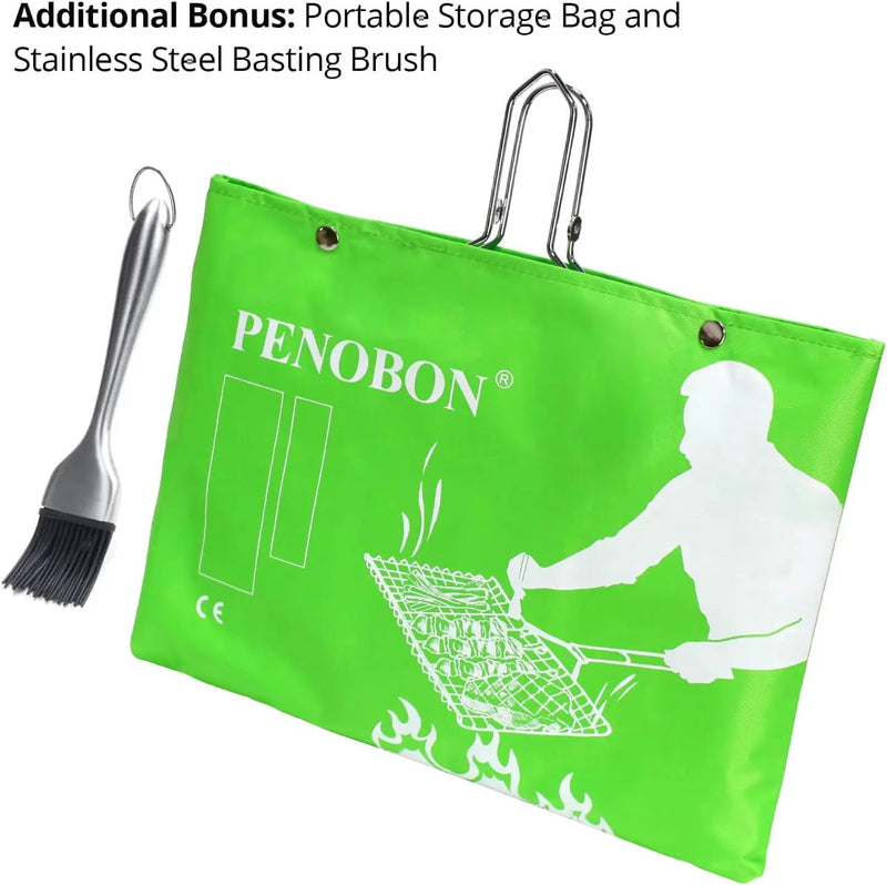 Fish Grilling Basket, Folding Portable Stainless Steel BBQ Grill Basket for Fish Vegetables Shrimp with Removable Handle, Come with Basting Brush and Storage Bag by GreenHaven Gardens