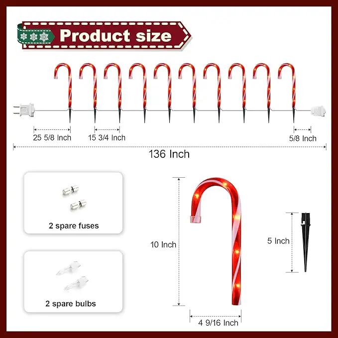 Christmas Candy Cane Lights, Candy Cane Lights Christmas Decorations Outdoor for Yard,Garden(10Inch), 10Pack by GreenHaven Gardens