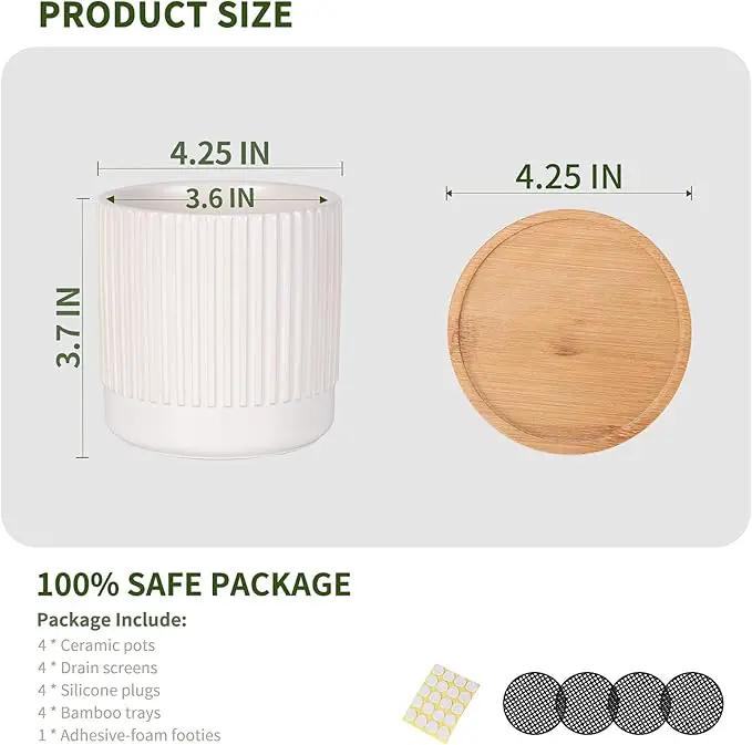 AOMRYOM 4.25 Inch Small Ceramic Plant Pots with Drainage Holes and Trays, Garden Flower Pots for Indoor Outdoor Plants, Succulents, Cactus and Herbs, White Stripe, Set of 4 (Plant Not Included) by GreenHaven Gardens