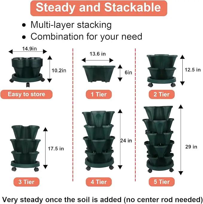 Vertical Planter 5 Tier Stackable Planters Garden Planters Strawberry Herb Flower and Vegetable Planter Indoor Outdoor Gardening Pots with Removable Wheels and Tools 2-Pack by GreenHaven Gardens