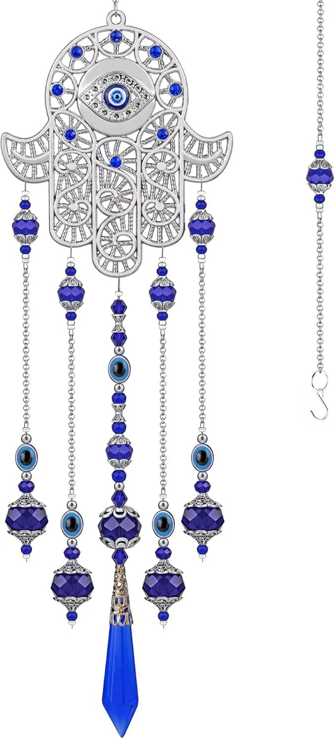 Crystal Prism Suncatcher Ornament with Hamsa Fatima Hand Protection Charm Turkish Greek Blue Evil Eye Sapphire Crystals Beads for Window Hanging Decoration by GreenHaven Gardens