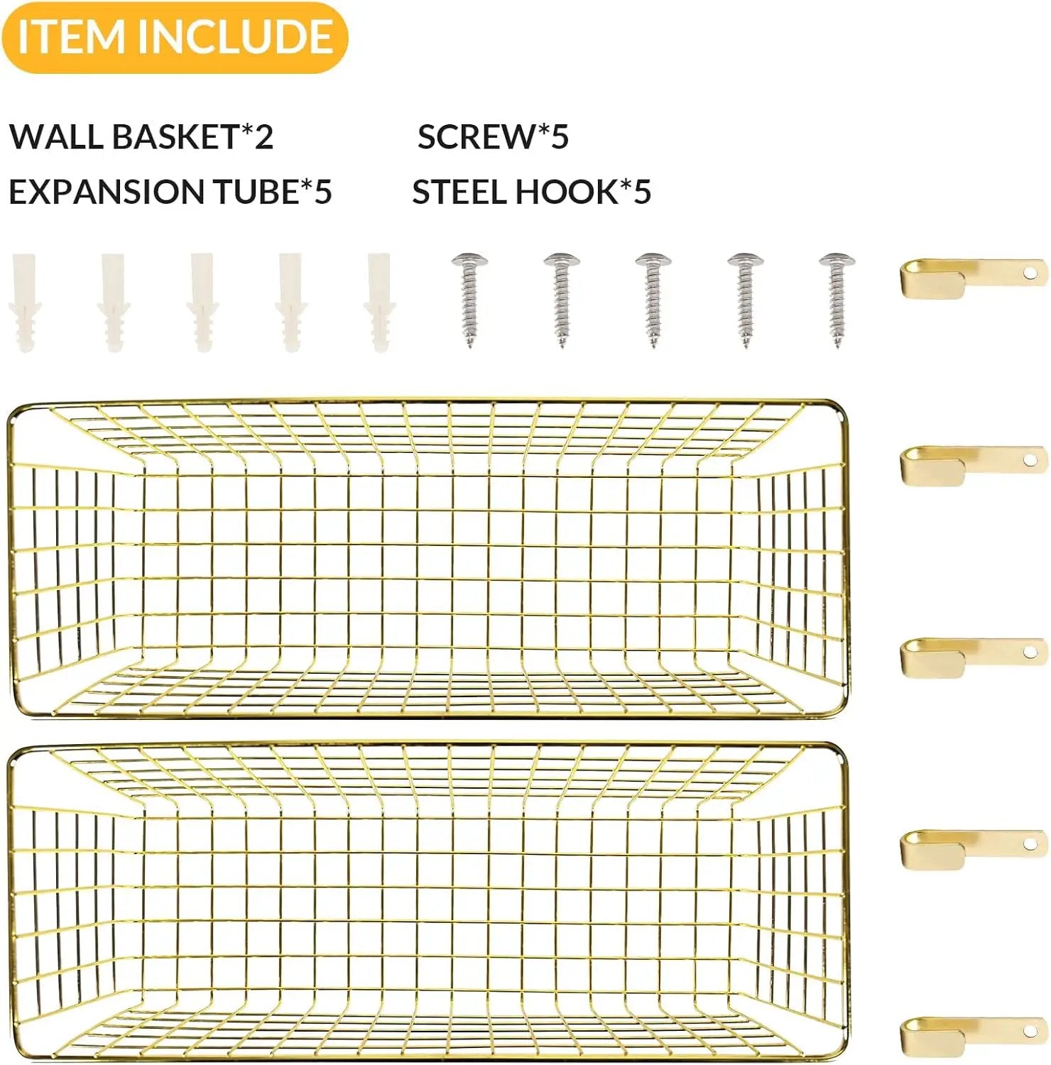 2 Sets Extra Large Hanging Wall Basket, Gold Metal Wire Baskets with Steel Hooks for Organizing, WallmountedFruit Vegetable Toy Snack Storage, Home Kitchen Bathroom Laundry Pantry Organizer by GreenHaven Gardens