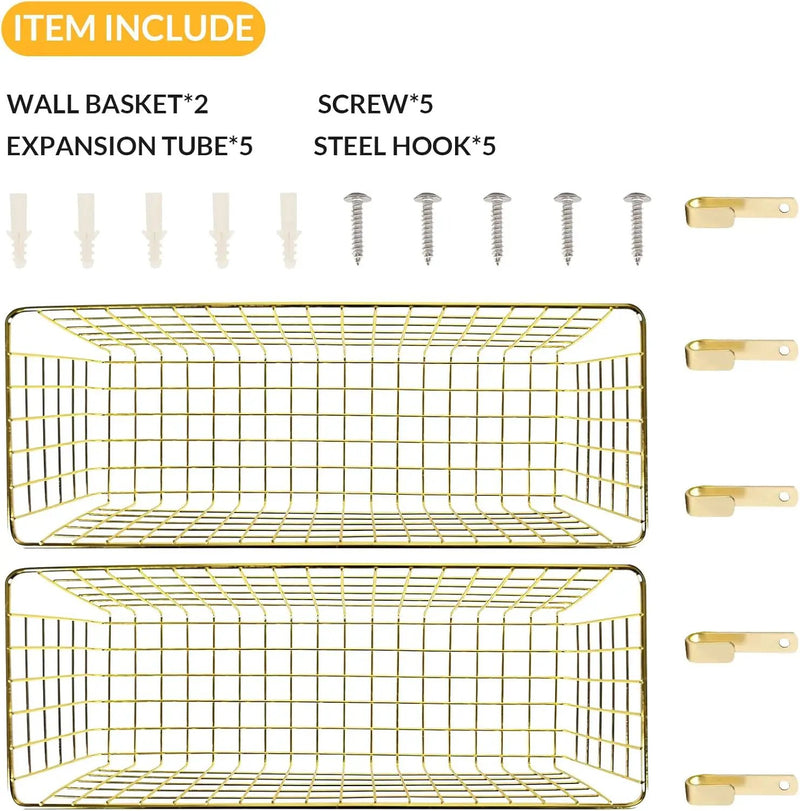 2 Sets Extra Large Hanging Wall Basket, Gold Metal Wire Baskets with Steel Hooks for Organizing, WallmountedFruit Vegetable Toy Snack Storage, Home Kitchen Bathroom Laundry Pantry Organizer by GreenHaven Gardens