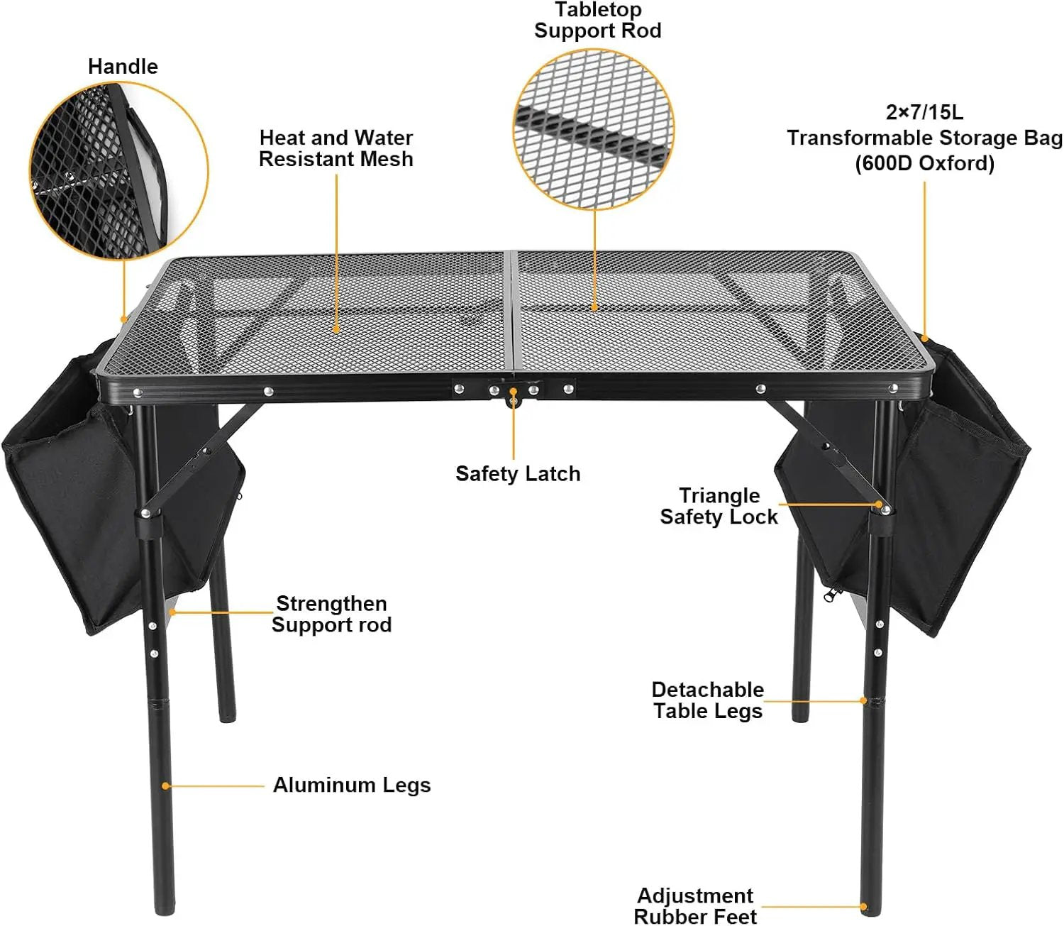 Camping Table 3FT Grill Table with 2×7/15L Storage Bag Foldable Folding Table Picnic Portable Stand Mesh 2 Height Adjustable Outdoor Card BBQ 35.4×23.6×26 inch by GreenHaven Gardens