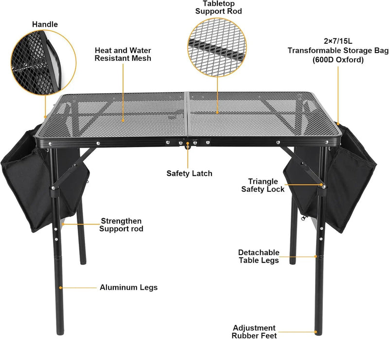 Camping Table 3FT Grill Table with 2×7/15L Storage Bag Foldable Folding Table Picnic Portable Stand Mesh 2 Height Adjustable Outdoor Card BBQ 35.4×23.6×26 inch by GreenHaven Gardens