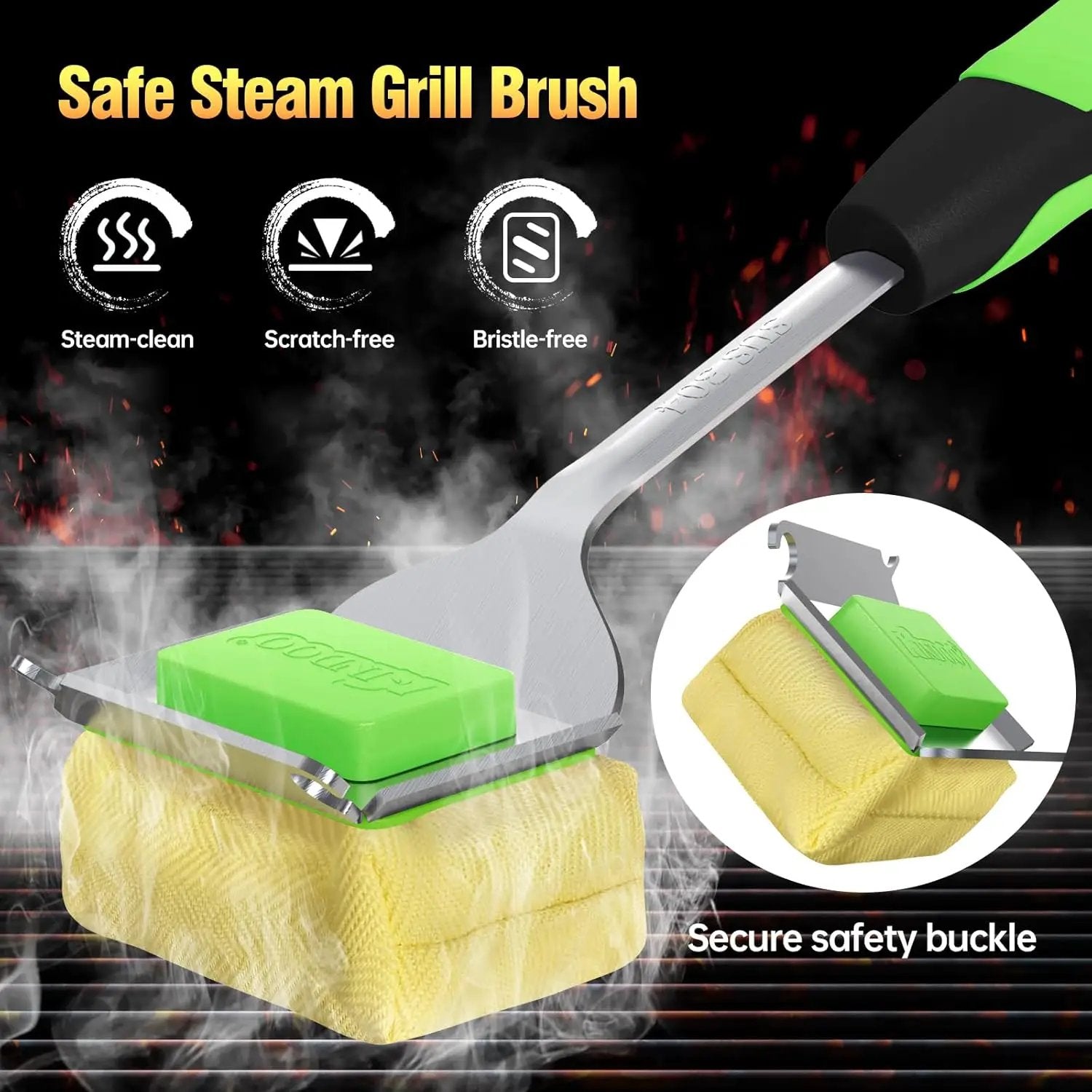 Grill Brush Bristle Free for Outdoor Grill, Steam Grill Cleaning Brush Replaceable BBQ Cleaner Brush Head,Extended Handle, Safe Grill Brush with Scraper for Cast Iron Stainless-Steel Grates, Green by GreenHaven Gardens