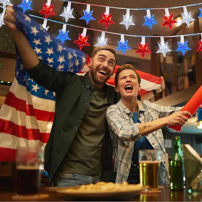 100 LED Red White and Blue Star Lights, 37FT 4th of July Star String Lights Plug in for Home Patio Garden Yard Memorial Day Independence Day Patriotic Decorations Outdoor, White Wire by GreenHaven Gardens