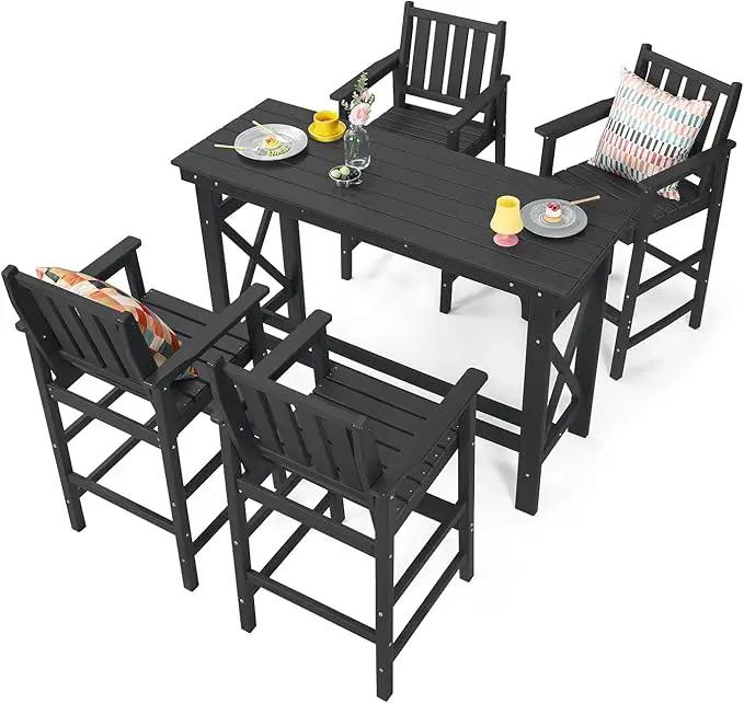 5-Piece HDPE Patio Bar Set, Rectangular Bar Height Table and 4 Adirondack Bar Chairs, All Weather Outdoor Bar Stools Set, Outdoor Bar Table and Chairs Set for Balcony, Pool, Porch, Obsidian by GreenHaven Gardens