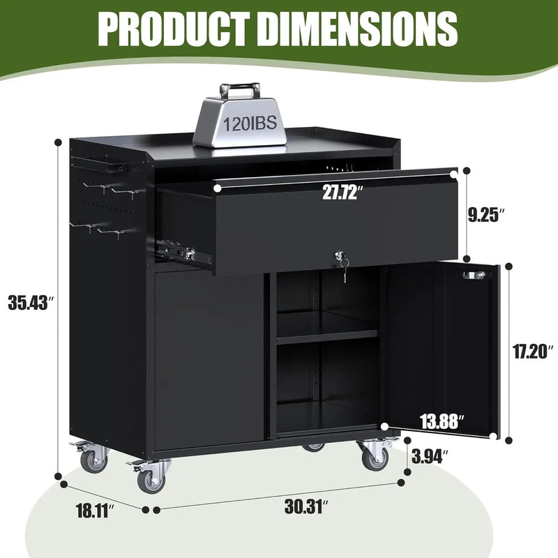 35.43'' H Metal Storage Cabinet on Wheels with 1 Drawer, Rolling Steel Garage Tools Cabinet with Side Pegboard &4 Hooks & 1 Adjustable Shelf for Garage,Shop,Home, Black, Assembly Required by GreenHaven Gardens