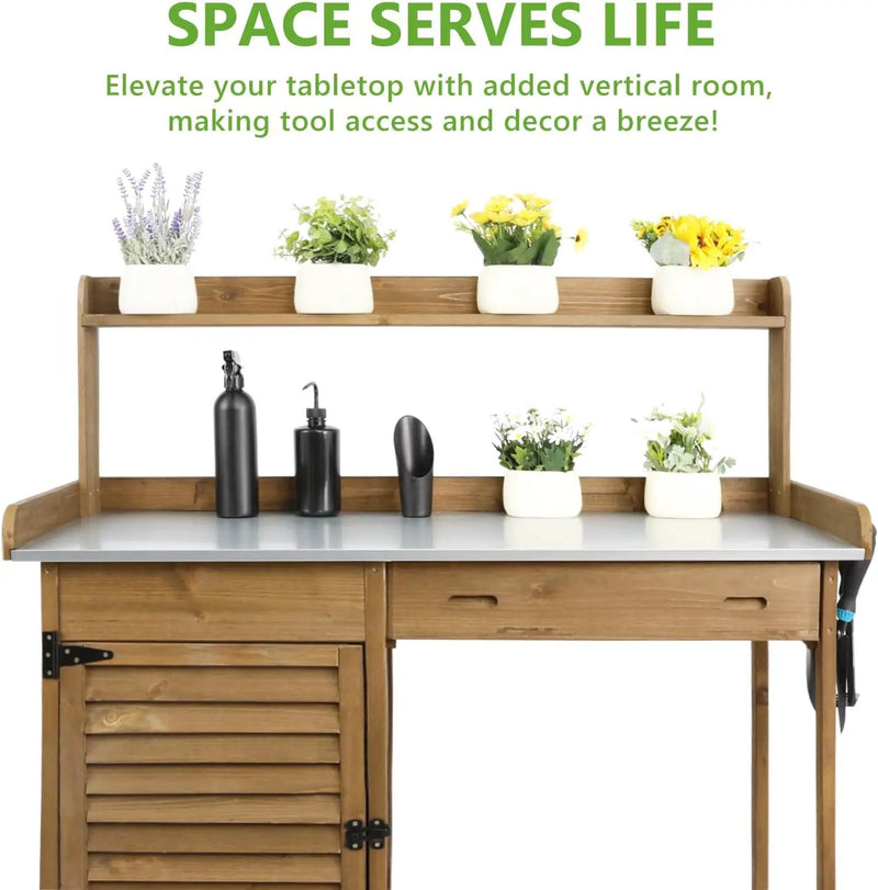 Garden Potting Benche Table Outdoor Wooden Work Station W/Metal Table top,Cabinet,Drawer,Large Bottom Shelf,Open Shelf Natural Wood-Brown-Brown by GreenHaven Gardens