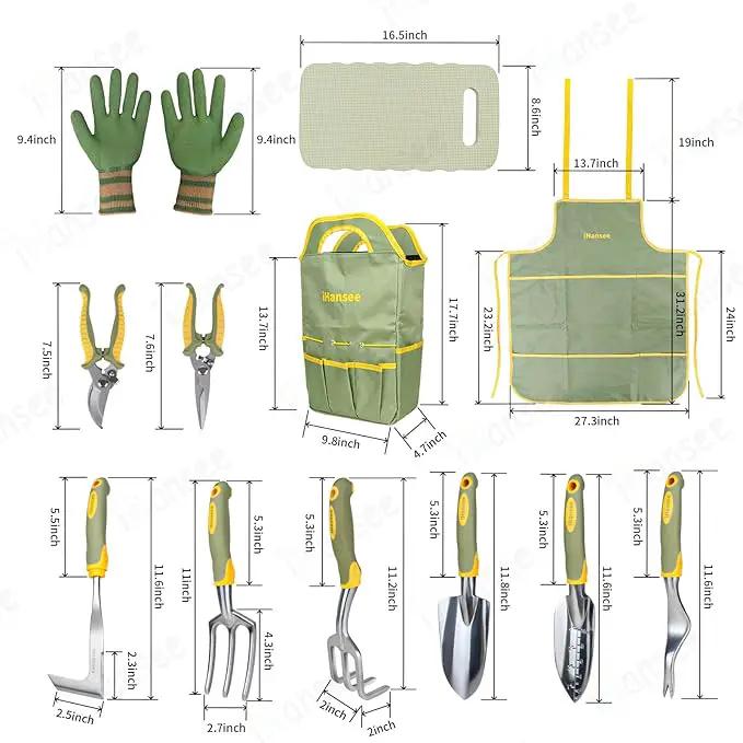 Set of 12 Garden Tool, iHansee Heavy-Duty Aluminum Gardening Hand Tools with Rubber Non-Slip Handle, Garden Apron, Gloves, Kneeling Pad and Storage Bag, Garden Hand Tools Starter Kit Landscaping Tools by GreenHaven Gardens