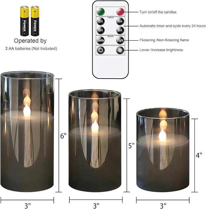 LED Flickering Candles with Remote Timer,Glass Flamless Pillar Candles Real Wax with 3D Wick Realistic,Warmth Decoration for Wedding Home Festival (Grey) by GreenHaven Gardens