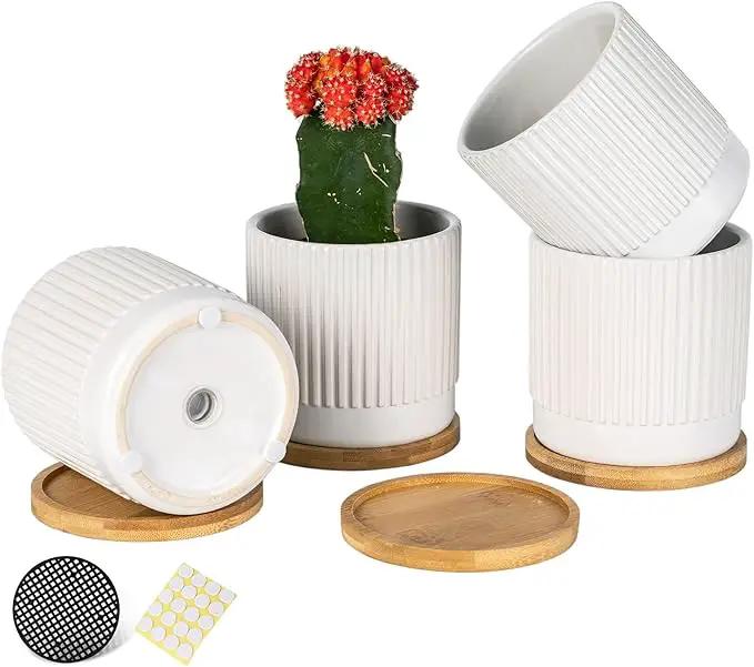 AOMRYOM 4.25 Inch Small Ceramic Plant Pots with Drainage Holes and Trays, Garden Flower Pots for Indoor Outdoor Plants, Succulents, Cactus and Herbs, White Stripe, Set of 4 (Plant Not Included) by GreenHaven Gardens