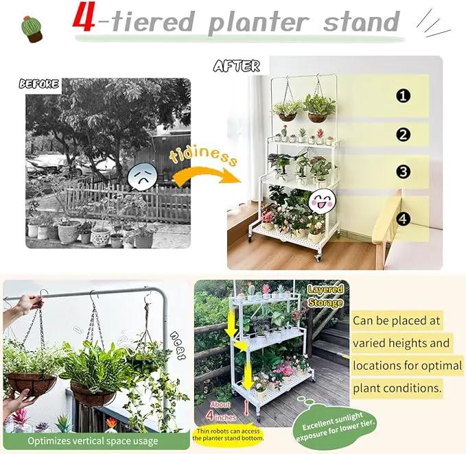 lumizone Foldable 4-Tier Plant Stand Indoor Outdoor Hanging Plant Shelf No Assembly Required Pot Placement Area With Wheels Sturdy Fall Prevention Storage Shelf Flower Pot Stand(4 Tier-White) by GreenHaven Gardens