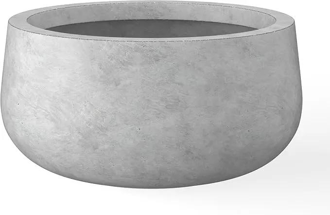 Kante 15.7" Dia Round Concrete Planter, Outdoor Indoor Garden Plant Pots with Drainage Hole and Rubber Plug, Modern Curvaceous Design, Natural Concrete by GreenHaven Gardens