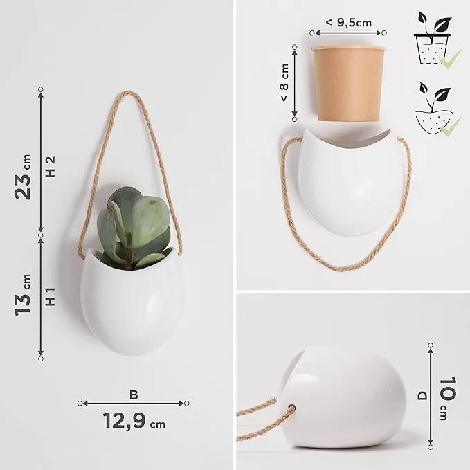 Wall Planters -Ellie- | Hanging Ceramic Plant Pots 3 Pieces | Wall Decoration for Indoors, Balcony and Garden | White (Glossy)