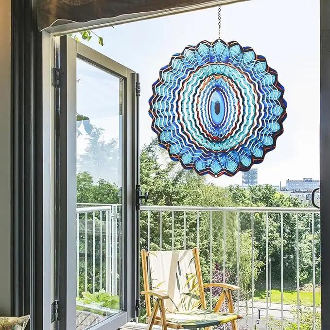 3D Wind Spinner Mandala 10 Inch Evil Eye Stainless Steel Wind Sculpture Blue Hanging Ornament Laser Cut Metal Art for Indoor Outdoor Garden Decoration Protective Amulet for Home and Yard by GreenHaven Gardens