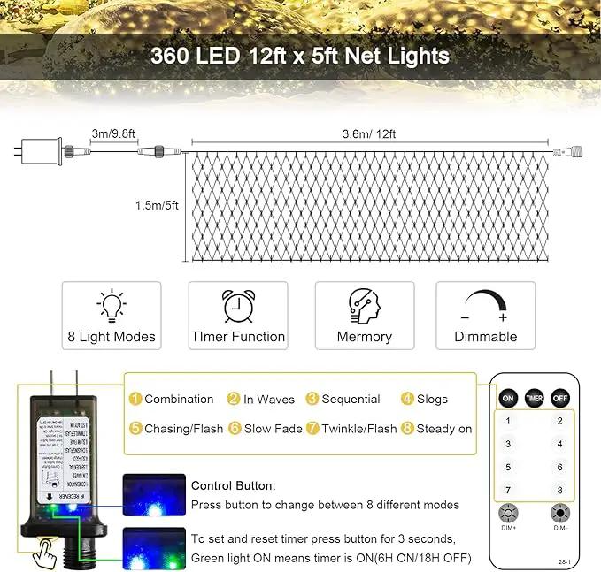JMEXSUSS 360 LED Christmas Net Lights Outdoor Waterproof, Connectable 12ft x 5ft Net Lights Outdoor Mesh Lights with Remote, Plug in Warm White Net Lights for Bushes Shrubs Christmas Decorations by GreenHaven Gardens