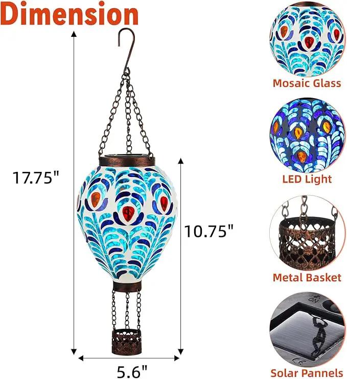VOREEN Hot Air Balloon Solar Lantern, Mosaic Solar Outdoor Hanging Wind Light, Waterproof, Patio Festive Decor, Easter Gifts for Mom Father Grandma, Peacock Feather Design by GreenHaven Gardens