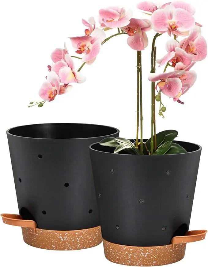 Orchid Pots with Holes, 6 Inch Self Watering Orchid Pot 2 Pack Plastic Plant Pots for Orchid, Flower (Black+Brown) by GreenHaven Gardens