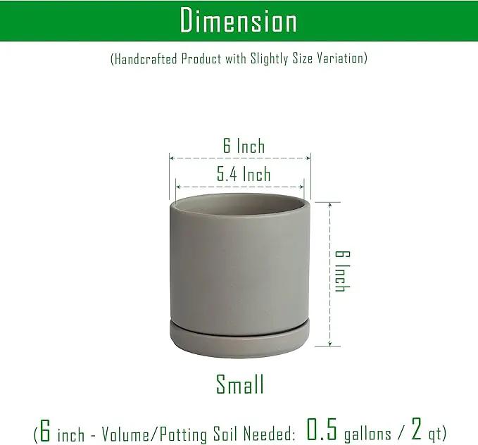D'vine Dev 6 Inch Ceramic Planter Pot with Drainage Hole and Saucer, Indoor Cylinder Round Flower Pot, Grey, 94-O-C-3 by GreenHaven Gardens