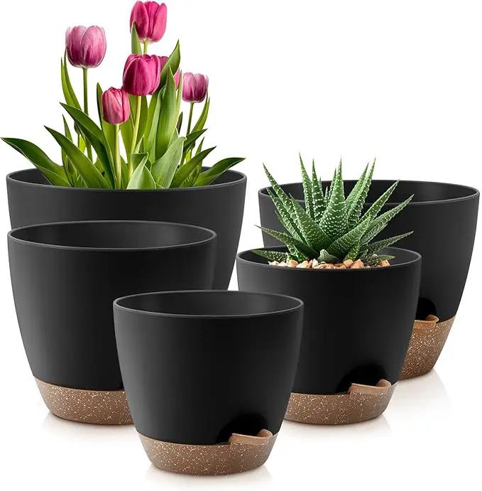 Plant Pots 10/9/8/7.5/7 Inch Self Watering Pots, Set of 5 Plastic Planters with Drainage Holes and Saucers,Plastic Flower Pots,Nursery Planting Pot for Indoor Out Door Plants(Black Brown) by GreenHaven Gardens