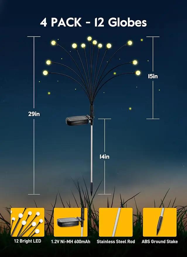 Solar Garden Lights - 4 Pack 48 LED Firefly Lights with 2 Lighting Modes, Sway by Wind, Waterproof Outdoor Decoration, Warm White by GreenHaven Gardens