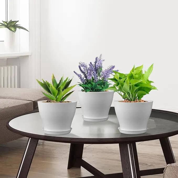6 inch Plastic Nursery Pots, 16 Pack Plant Pots for Small Indoor Outdoor Plants, Flower Pots with Drainage Holes and Saucers, Decorative Seedling Starter Planters for House Plants, White by GreenHaven Gardens