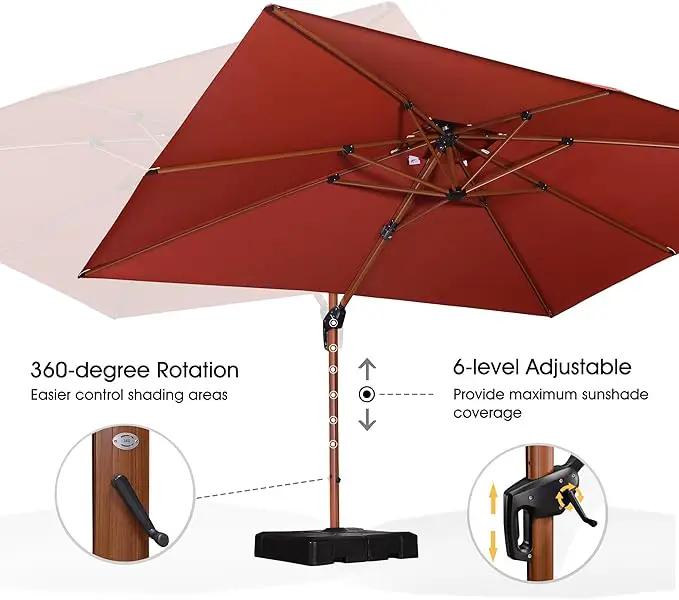 PURPLE LEAF 9' X 12' Double Top Deluxe Wood Pattern Rectangle Patio Umbrella with Base Offset Hanging Umbrella Outdoor Market Umbrella Garden Umbrella, Brick Red by GreenHaven Gardens
