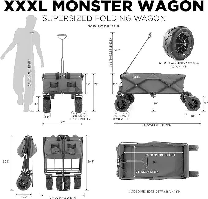 Creative Outdoor Wagon for Kids Push Pull Collapsible Stroller Giant All-Terrain Folding Cart | XXXL Monster Series Wagons | Outdoor Garden & Tailgate | Red by GreenHaven Gardens