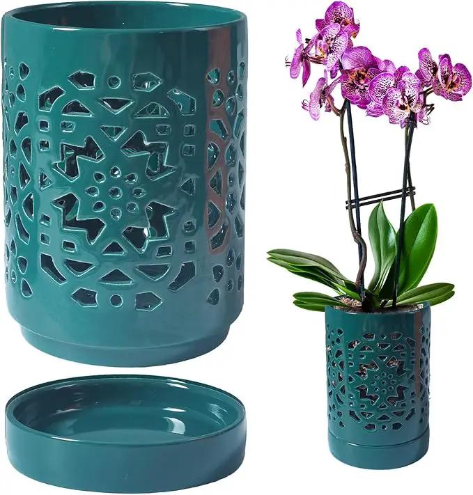 Orchid Pot 4 Inch, Orchid Pots with Holes & Saucers for Repotting, Breathable Slotted Orchid Pots Flower Plant Nursery Pot Green by GreenHaven Gardens