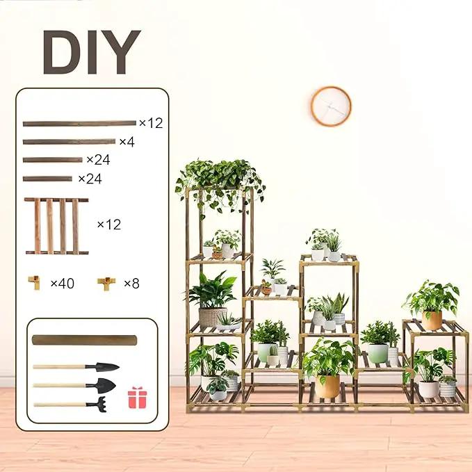 Plant Stand Indoor Outdoor, 12 Tier Plant Shelf for Multiple Plants, Large Wood Plant Shelf Combo Ideal for Gardens, Patios, and Lawns by GreenHaven Gardens