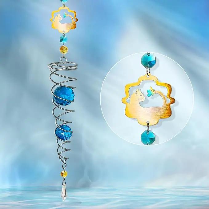 FONMY Cat Gazing Ball Spiral Tail Wind Spinner Sun Catcher Rainbow Maker Silver Spiral W/Blue K9 Crystal Ball Tree Hanging Ornament Indoor Outdoor Garden Decor. 19.5inch H by GreenHaven Gardens