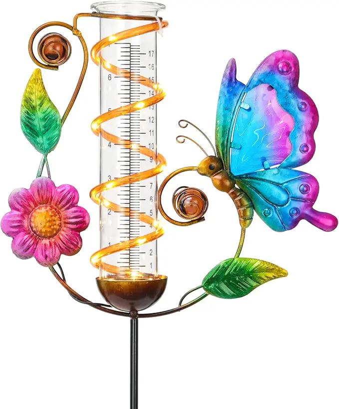 LEWIS&WAYNE 36.3” Butterfly Rain Gauge Outdoor, 7” Glass Tube Solar Powered 10 Warm White LEDs Garden Metal Stakes Decorative Waterproof for Yard Garden Patio Lawn by GreenHaven Gardens