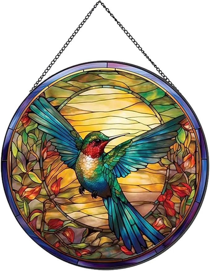 Hummingbirds Pattern Stained Glass Suncatchers for Windows,Hanging Stained Glass Suncatcher,20cm/7.87inch Hand-Painted Sun Catcher Garden Hangings Painted Glass Panel Decor Themed Gift by GreenHaven Gardens