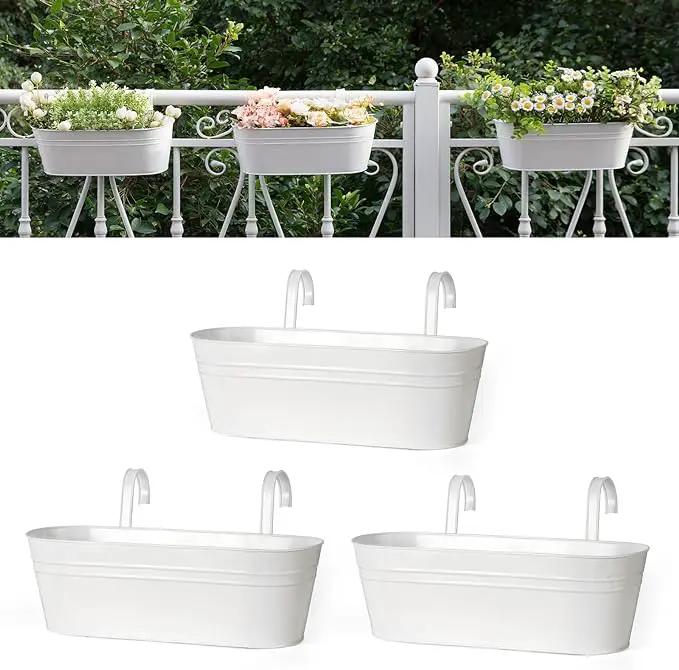 Dahey 3 Pcs Metal Iron Hanging Flower Pots for Railing Fence 15.7 Inch Hanging Bucket Pots Countryside Style Window Flower Plant Holder with Detachable Hooks for Garden Yard Home Decor, White by GreenHaven Gardens