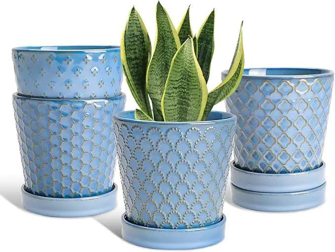 EFISPSS Plant Pots, 5 Inch Pots for Indoor Plants, Planters with Drainage Hole and Saucer, Ceramic Flower Pots Desktop Office Windowsill Decoration Gift Set of 4 - Sky Blue by GreenHaven Gardens