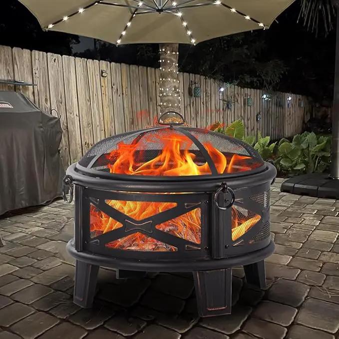 Breezz 26 Inch Wood Burning Fire Pit with Cooking Grill and Spark Screen, Outdoor Metal Round Firepit for Patio, Backyard, Bonfire Party, Camping by GreenHaven Gardens
