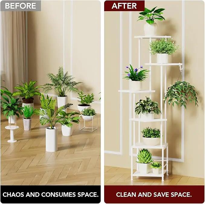 Plant Stand Indoor with Grow Light, 6-Tiered Tall Plant Stand Indoor, Metal Plant Shelf with Hanging Basket Hook and Adjustable Light, Ideal for Living Room, Garden, Patio white by GreenHaven Gardens