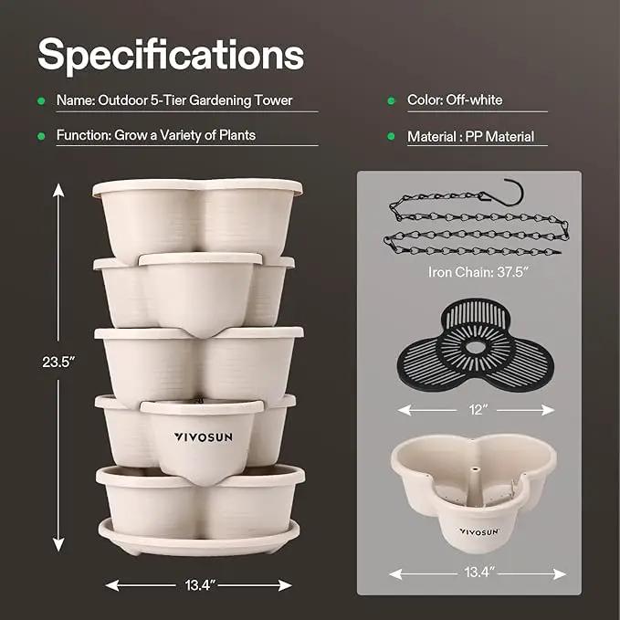 VIVOSUN 2-Pack 5 Tier Vertical Gardening Stackable Planter for Strawberries, Flowers, Herbs, Vegetables, Ivory by GreenHaven Gardens