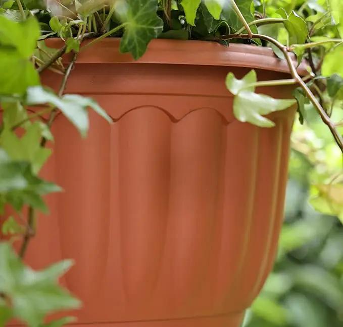 YIKUSH Hanging Planter for Indoor and Outdoor Plants 2 Pack 12 inch Flower Pot Plastic Plant Pot with Drainage Hole and Absorbing Tray（Terracotta） by GreenHaven Gardens
