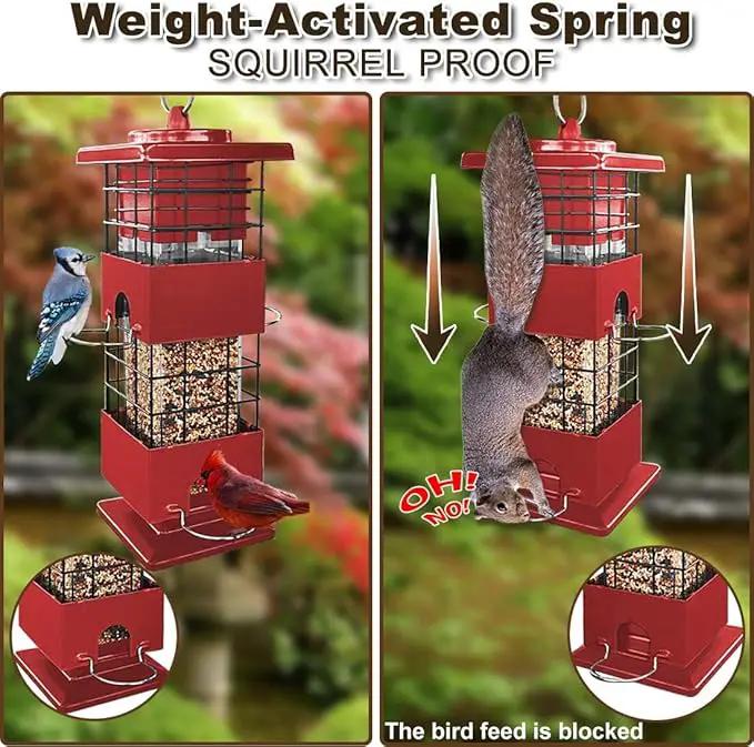 Squirrel Proof Bird Feeder, 3LBS Large Capacity Hanging Bird Feeders for Outdoors, Weight-Activated Perches Metal Anti-Squirrel Birdfeeder for Blue Jay, Cardinal, Outside (Red) by GreenHaven Gardens