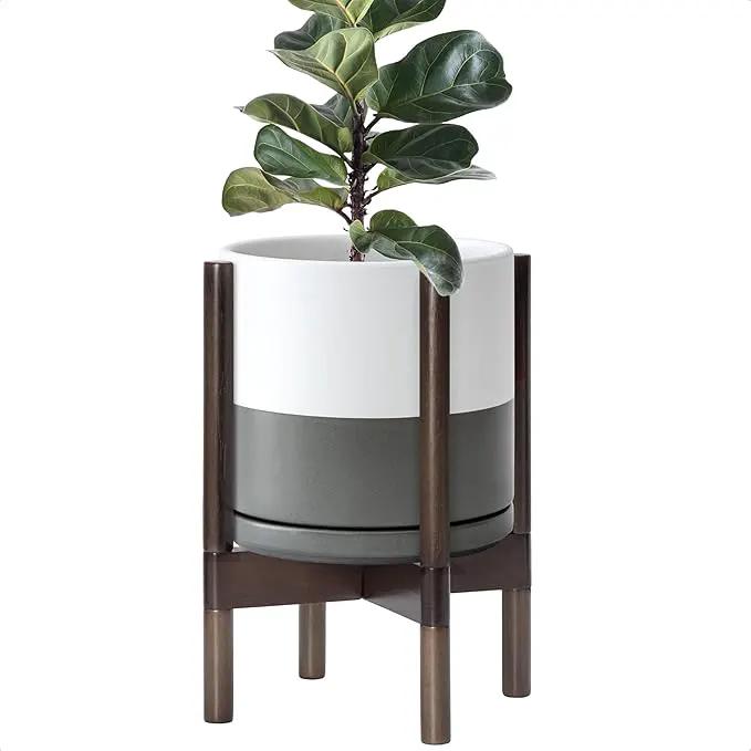D'vine Dev Ceramic Planter with Walnut Color Stand - 10 Inch Modern Round Flower Pot with Wood Planter Holder, White/Grey, 55-B-X-6 by GreenHaven Gardens