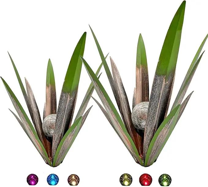 Metal Agave Plant Garden Art, 2 Pack Big Tequila Rustic Sculpture, Rustic Metal Agave Plants Garden Lawn Home Ornaments, for Yard Stakes, Garden Figurines, Outdoor Patio (2 PCS Green with Light) by GreenHaven Gardens